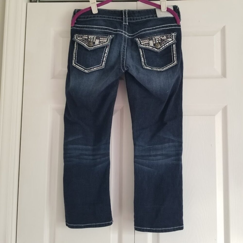 Maurices Women's Jeans 7/8 Blue Dark Wash Rhinestones Y2K Pockets Premium Capri